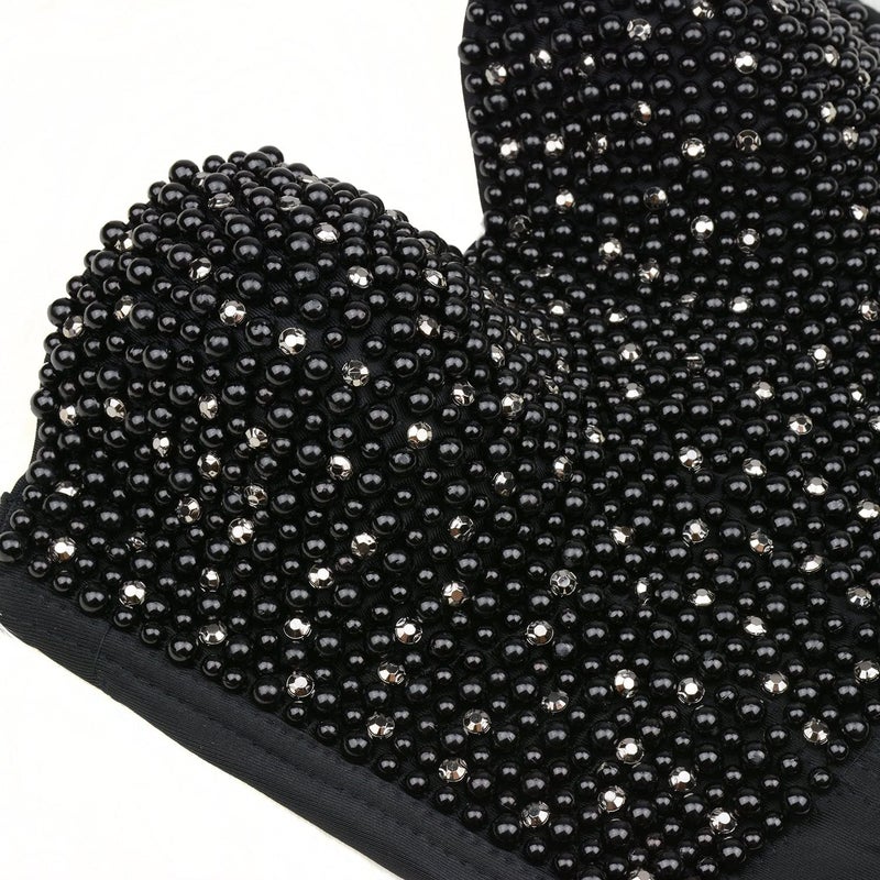 ELLACCI Women's Diamond Pearls Beaded Rhinestone Bustier Crop Top Corset Tube Top Black Large - Image 4